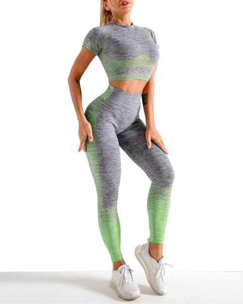 Olive Tree - Yoga Gym Activewear Tights &amp; Short Sleave Top Set - Green
