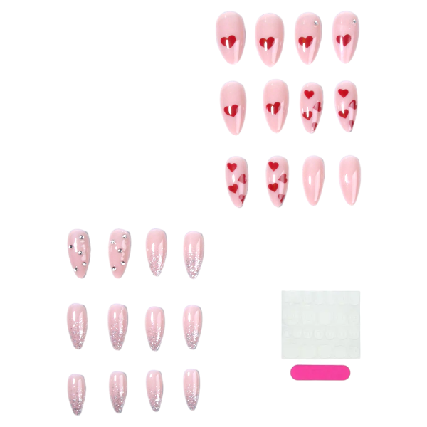 24Piece Romantic Heart &amp; Glitter Press-On Nails Set - Red
