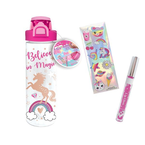 Hot Focus Unicorn Pop Open Water Bottle 700ml - BPA-Free - Incl Lip Gloss