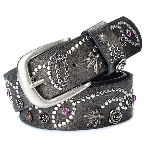 PU Leather Women Punk Waistband Metal Flowers Rivet Waist Belt