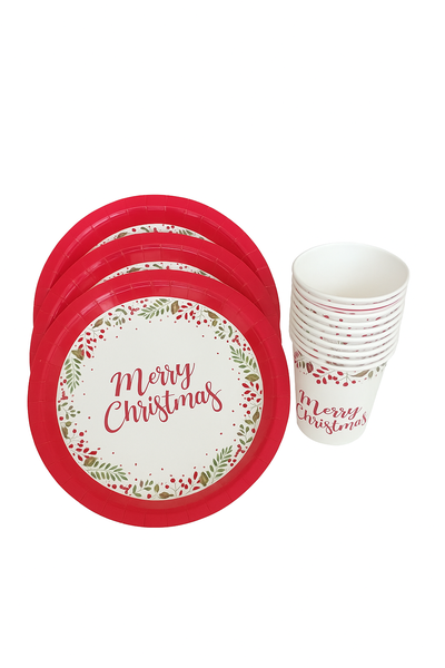 Set Of Merry Christmas Paper Plates (20) &amp; Cups (20) - White &amp; Red