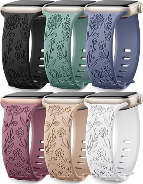 6 Pack Floral Engraved Bands Compatible with Apple Watch Bands