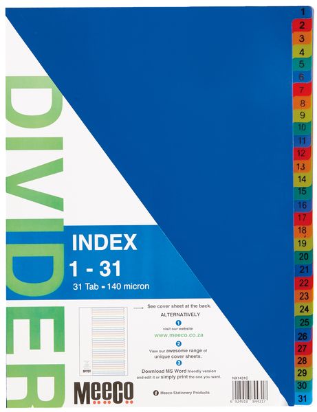Meeco A4 31 Tab (1-31) Bright Multi Colour Dividers