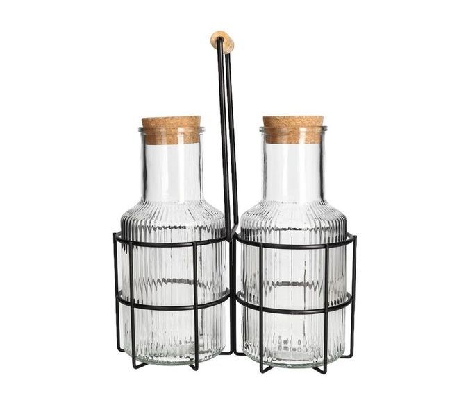 Glass Carafe Set with Cork Lids and Metal Holder
