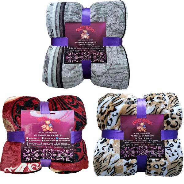 3 Pieces Value Pack, Flowers Pattern King Size, Warm Flannel Blanket .