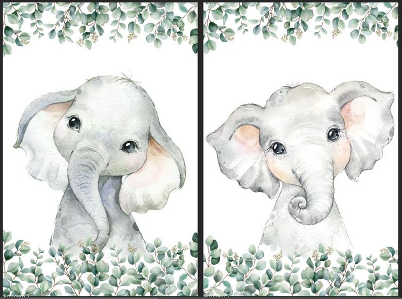 Elephant with Eucaluptus Childrens Room Wall Art A3 - unframed