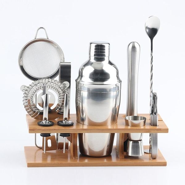 BasicX Pro Cocktail Shaker Set, Stainless Steel with Wood Stand