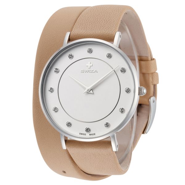 Swiza Women's Plana 34mm Silver Dial Leather Watch (White)