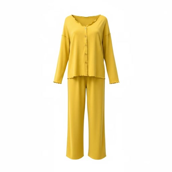 Women's free size Modal Soft Pajama Set Long Sleeve Sleepwear-yellow