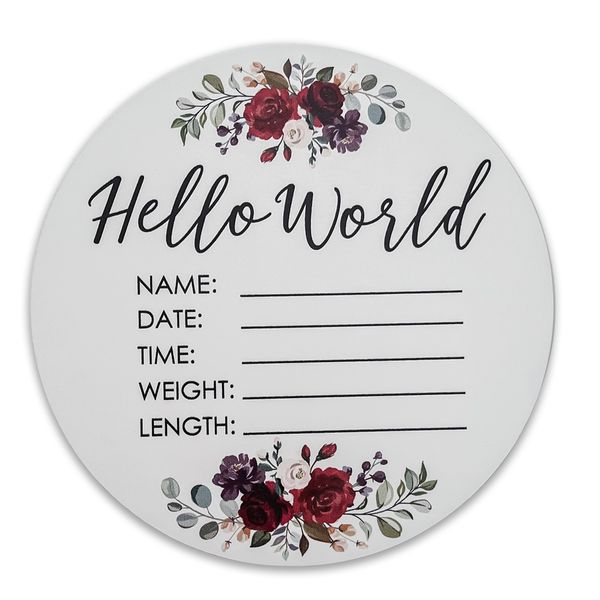 Burgundy Floral World Newborn Baby Announcement Disc