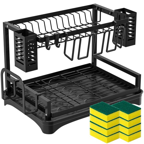 2-Tier Dish Drainer Rack Kitchen Dish Drying Rack &amp; 8 Dish Sponge Dish Rack