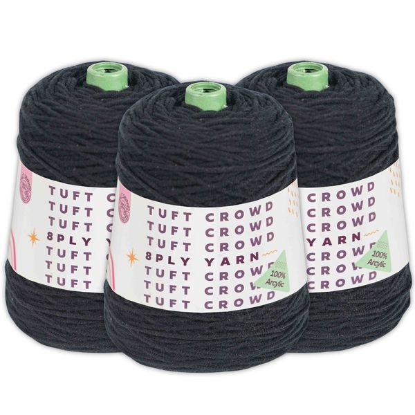 Black Yarn Single Colour, 8-ply Tufting Yarn, 100% Acrylic Yarn (3x400g)