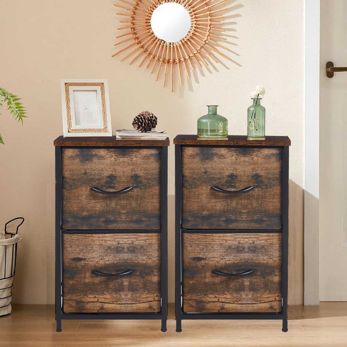 Side Table 2 Set End Table Nightstand Storage Cabinet with 2 Fabric Drawers
