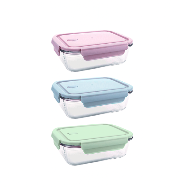 Glass Food Containers - 680ml - Set Of 3 - Mixed Colour