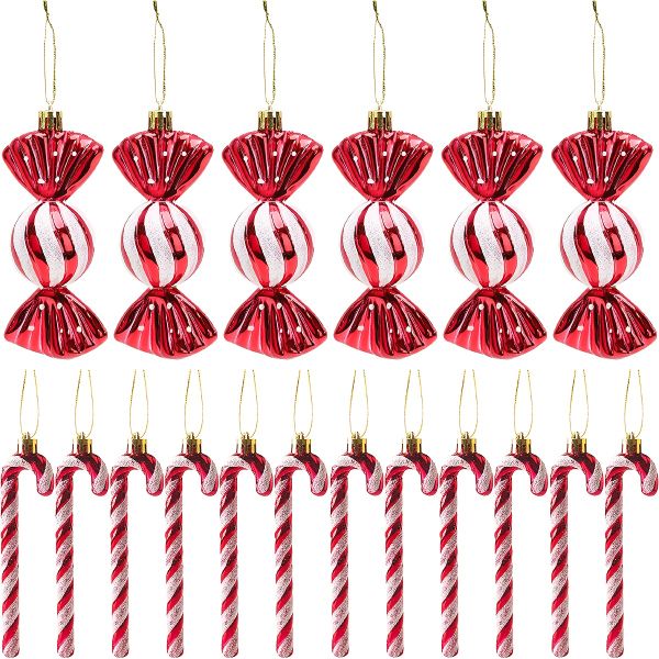 12 Sparkling Candy Canes, Red &amp; White Christmas Tree Hanging Decorations