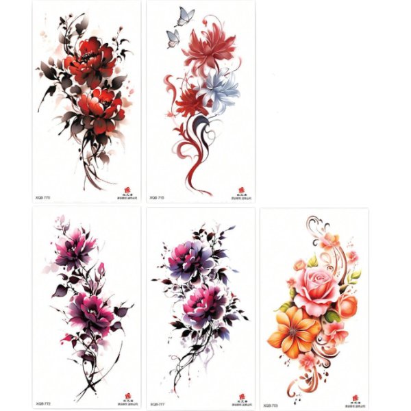 5 Pieces Vibrant Floral Temporary Tattoos - Multicolour