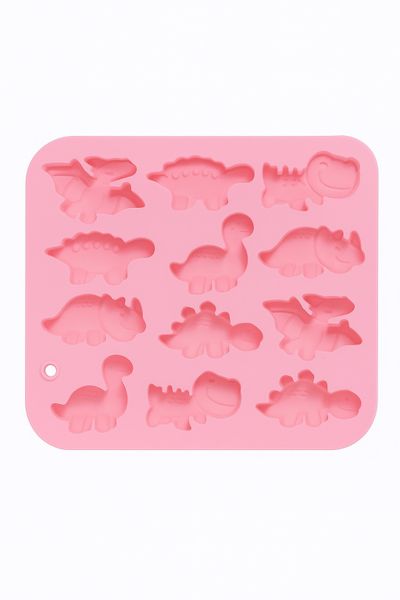 12-Cavity Non-Stick Dinosaur Silicone Mold With Variuos Dino Designs - Pink