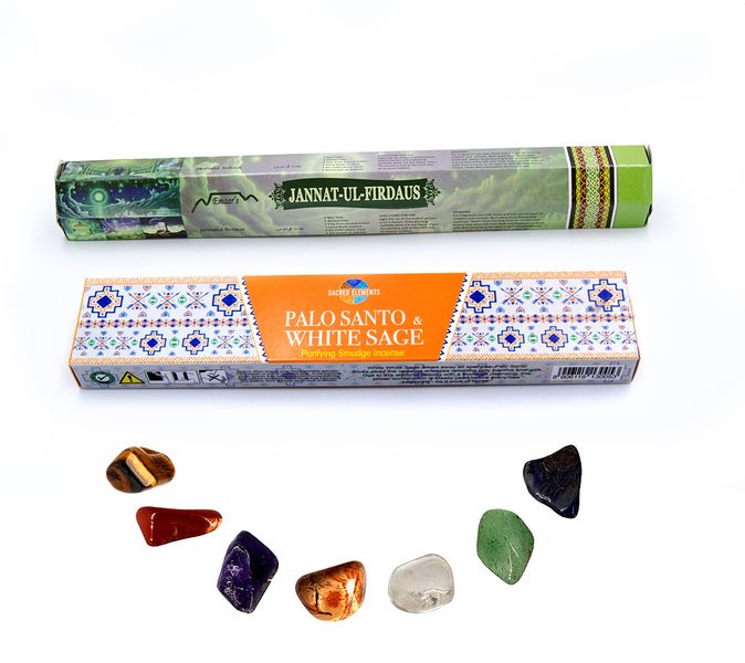 Chakra Stone set &amp; Incense Combo Pack-Jannat ul Firdous&amp;PaloSanto+WhiteSage