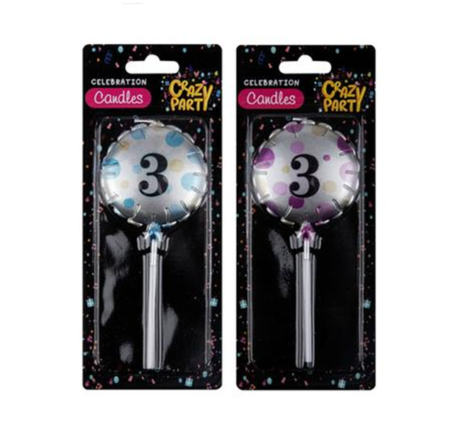 Crazy Party - Round Balloon Birthday Candle - Number 3 - Set of 2