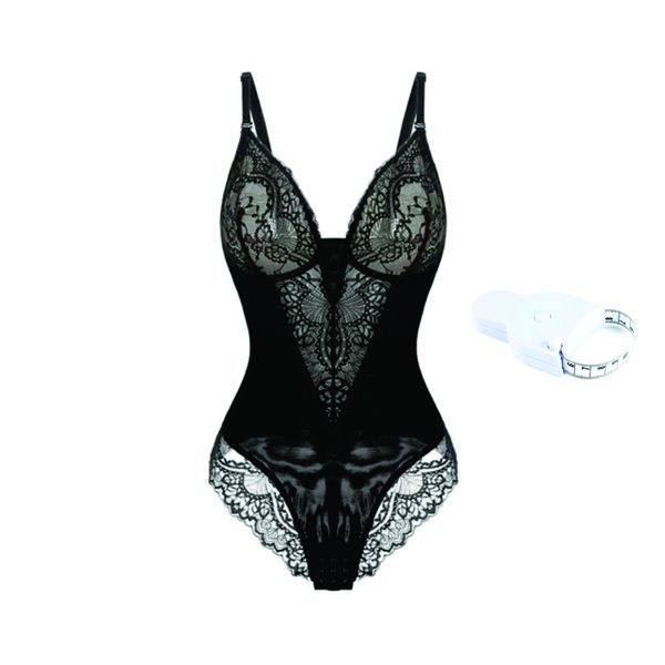 Women Lace Bodysuit V Neck Tummy Control Thong Shapewear Bodysuit-BROWN RED