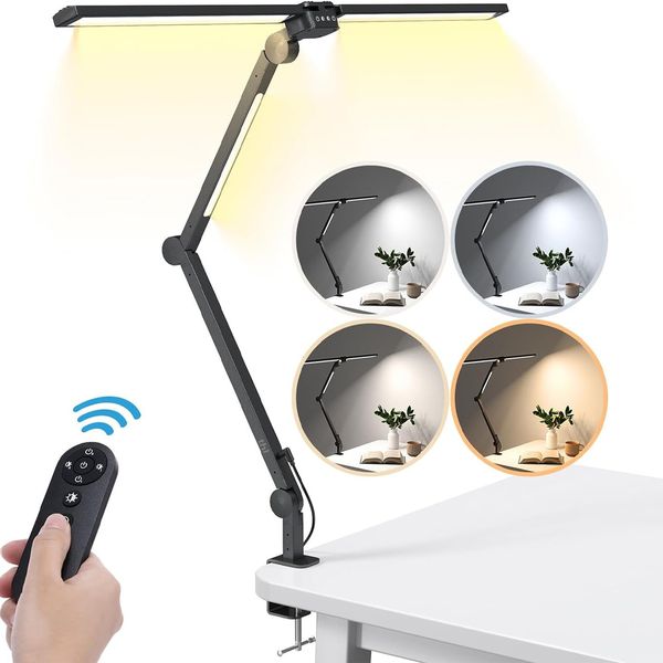 thl Triple-Head LED Desk Lamp with Remote &amp; Clamp, Eye-Care Office Light