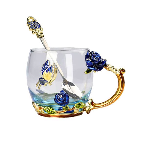 Enamel Unique Tea Glass Cup Coffee Rose Mug with Spoon