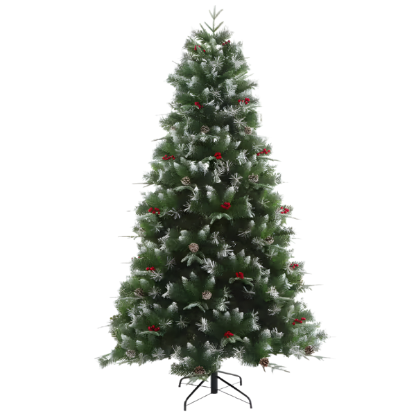 Snow-Frosted Artificial Christmas Tree with Red Berries and Pine Cones