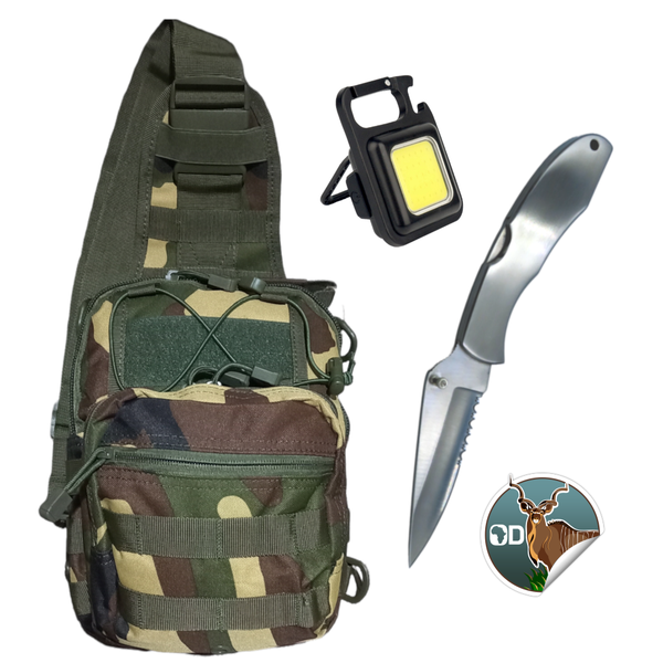 Outdoor Tactical Shoulder Sling Bag with 7706 SS Knife &amp; Keychain Light