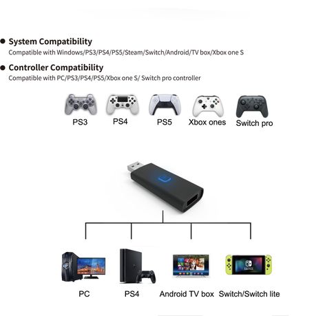 Wireless Bluetooth 5.0 Controller Adapter USB for N-Switch PS4 PC, Dongle  Bluetooth Compatible with PS5/ PS4/ Xbox One X/S/ Windows PC/ Switch Pro