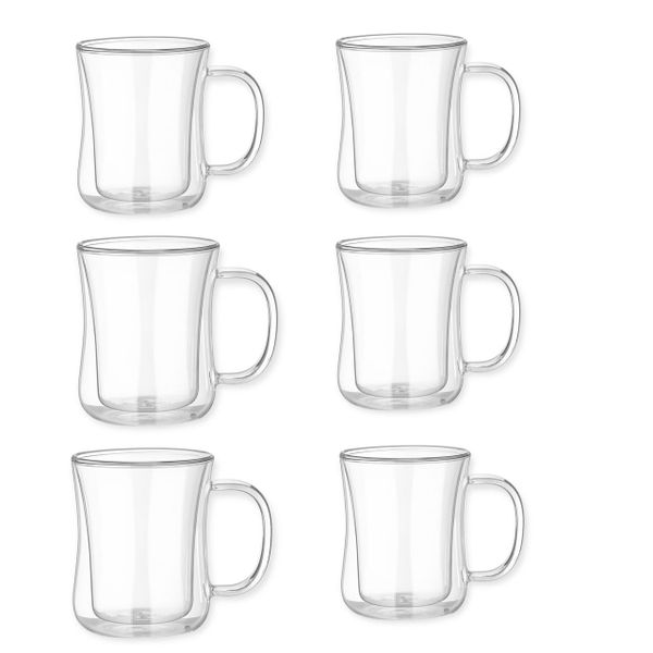 6pcs Double Walled Insulated Glass Curved Mug with Handle Coffee Tea Mug