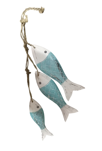 Hanging Wooden Three Fish On String Decor - 17, 23, 25cm