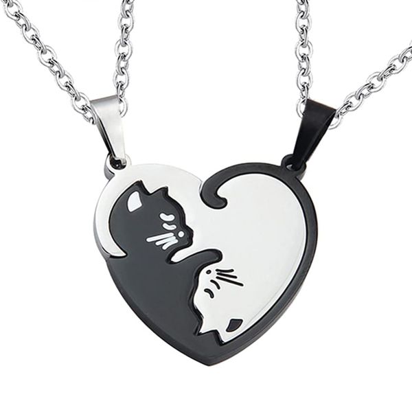 Yin Yang Cat Valentine Couple's 2-Piece Heart Pendant Necklace Pair