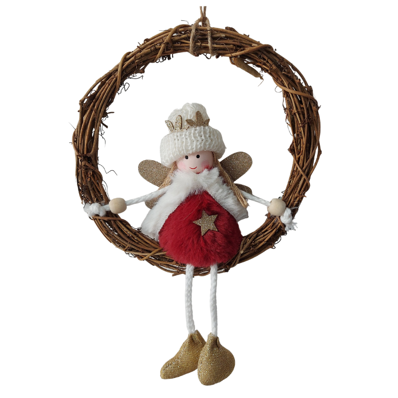 Nordic Christmas Xmas Fabric Angel with rattan wreath RED decoration gift