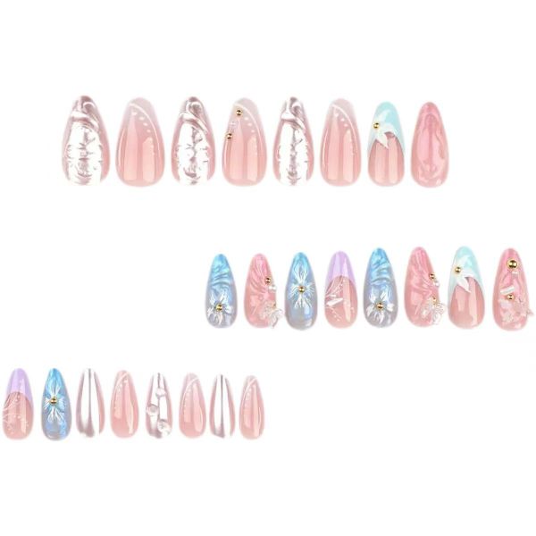 3D Flower Butterfly Blue Pink Press On Nails Almond Medium