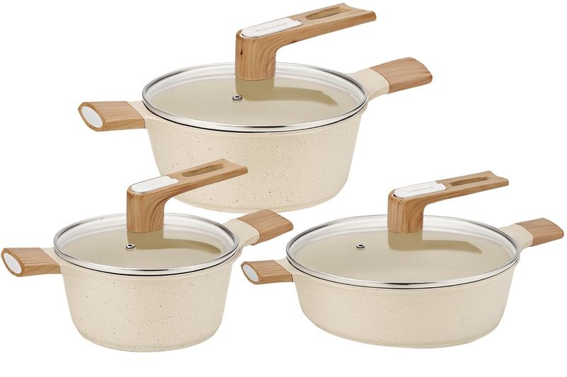 HausRoland 6PCS Granite Die Cast Non Stick Pot Set with Wooden Handle White