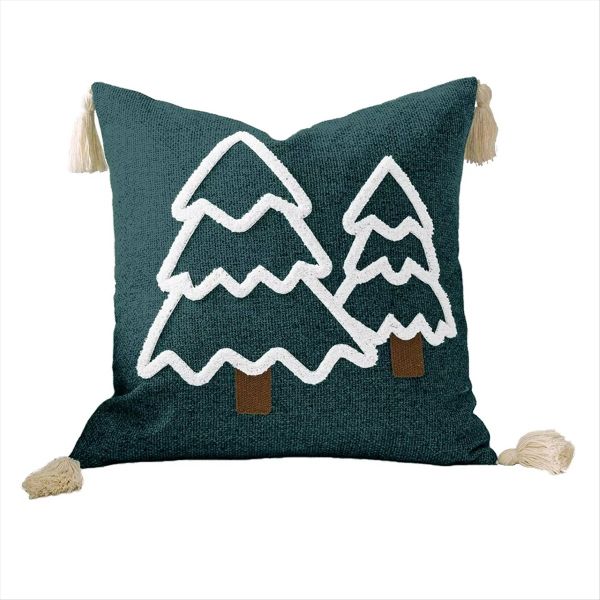 Christmas Tree Embroidery Cushion Cover Festive Cotton Canvas Pillow Case w