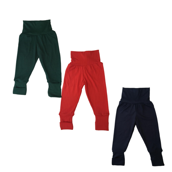 Baby Toddler Pants-3 Pack- Fold Over Cuffs -Rib- Botanic Green, Red &amp; Navy
