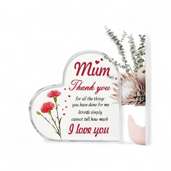 2D Flat Heart-Shaped Acrylic Decor with Rose Design.