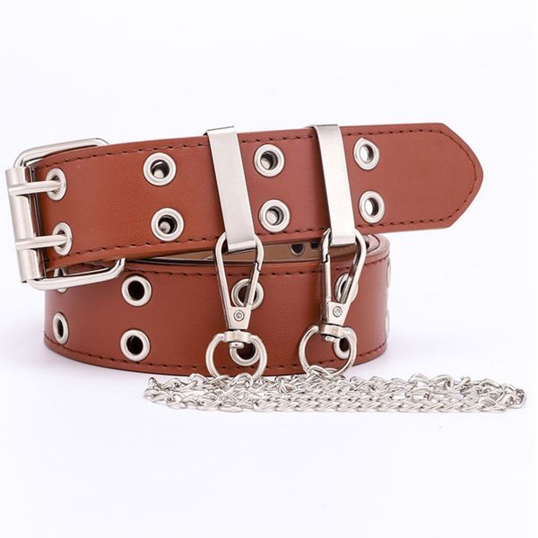 Adjustable Faux Leather Buckle Waist Belt with Chain