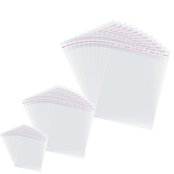 Self-Adhesive Clear Poly Plastic Bags - 150 Piece Set (3 Sizes | 50 Each)