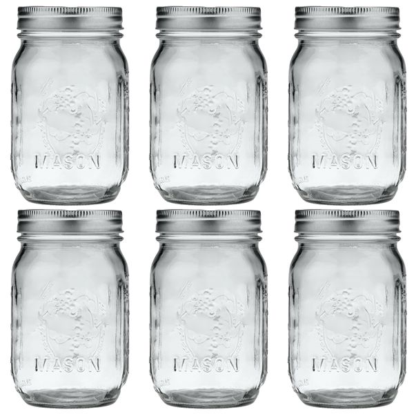 6 Pack Wide Mouth Glass Mason Jars with Lids Canning Pickling Jam Jar-473ml