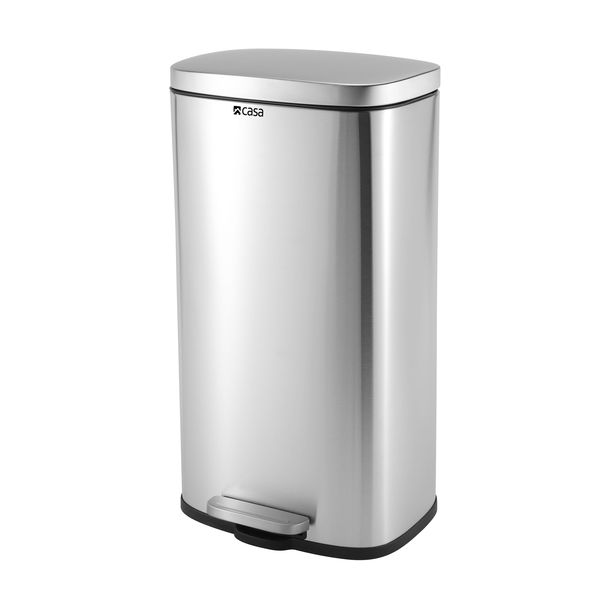 CASA Modena Rectangle Stainless Steel Pedal Bin Soft Close Lid - 30L - Silver