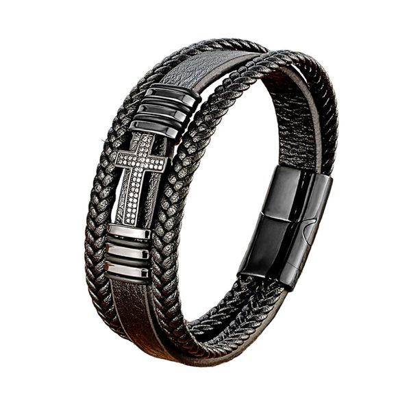 IPSTYLE Jesus Cross Charm Cubic Zirconia Men Leather Bracelet