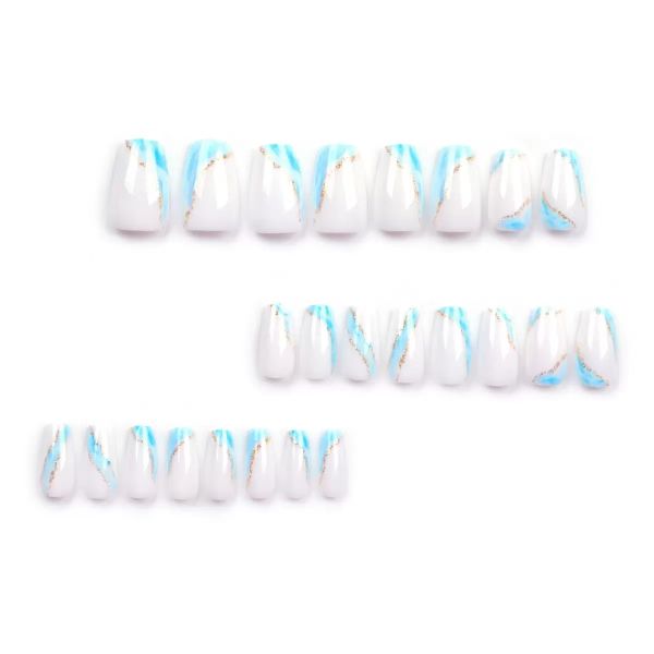 Fashionable White And Blue Short Wearable Nail Stickers
