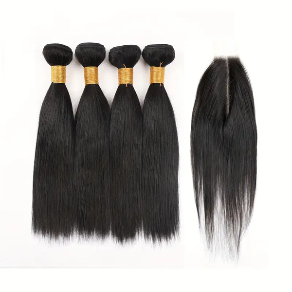 Golden Perfect Straight Weaves Mix Bundles Human Hair With Frontal Closure