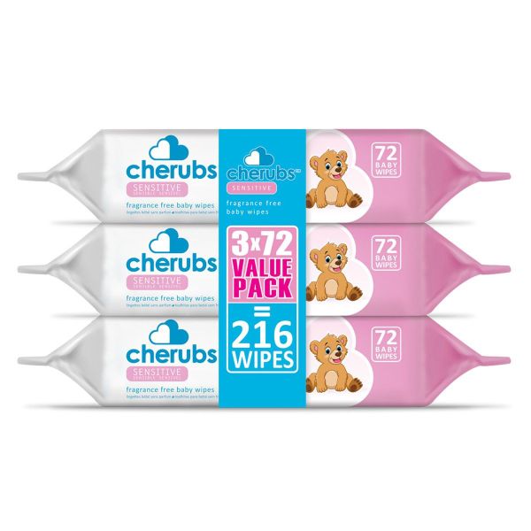 Cherubs - Sensitive Fragrance-Free Baby Wipes - 3 x 72's - Pink