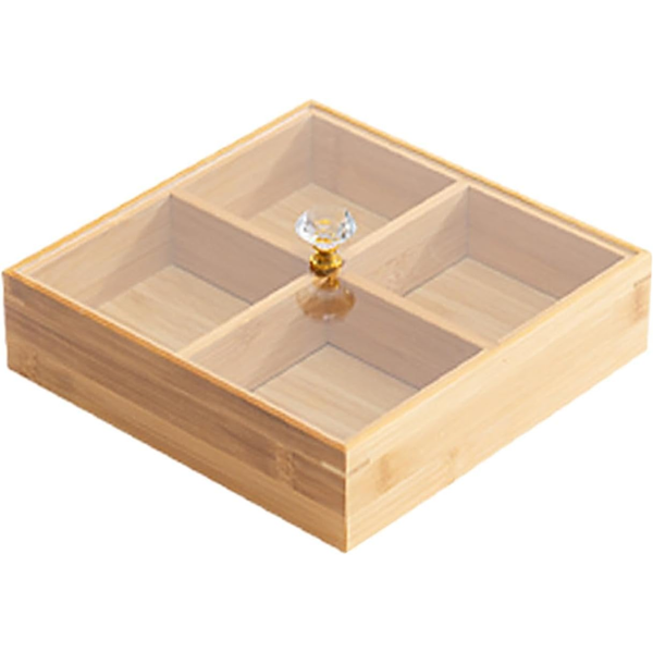 Elegant Wooden Fruit Tray with Lid for Serving Snacks and Desserts, 4 Grids