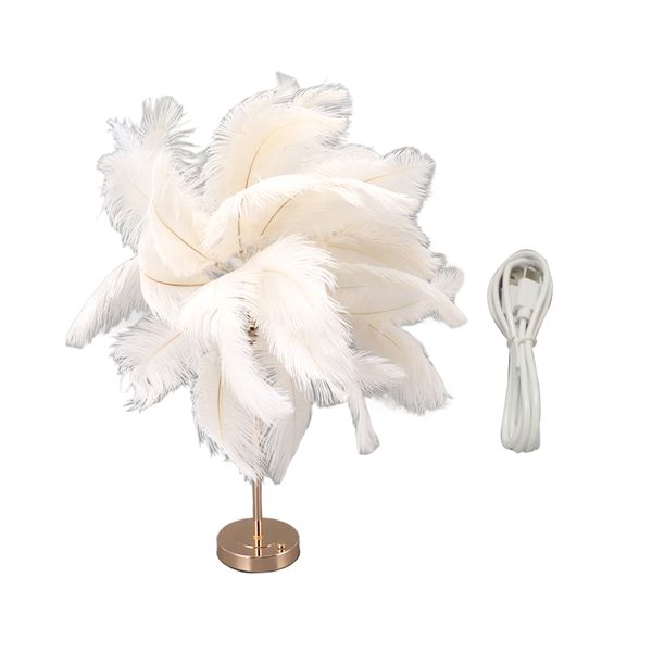 White Rechargeable Ostrich Feather Bedside Lamp
