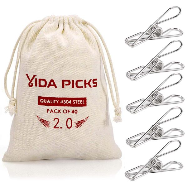 Clothes Pins, 40 Pack Stainless Steel Heavy Duty Outdoor Clothespins, Metal