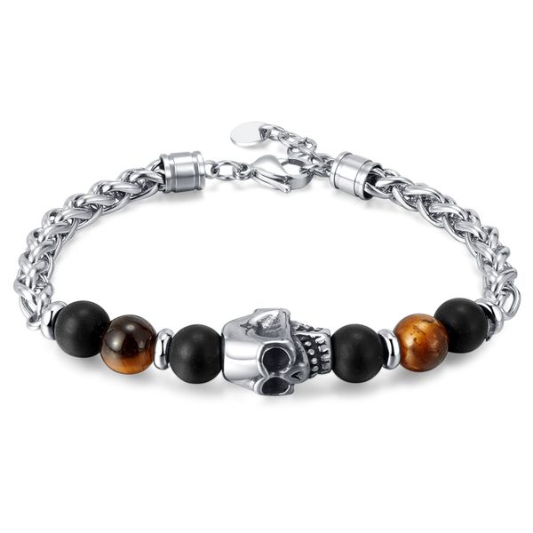 Stainless Steel Skull &amp; Tiger Eye Beads Bracelet, Versatile Titanium Steel